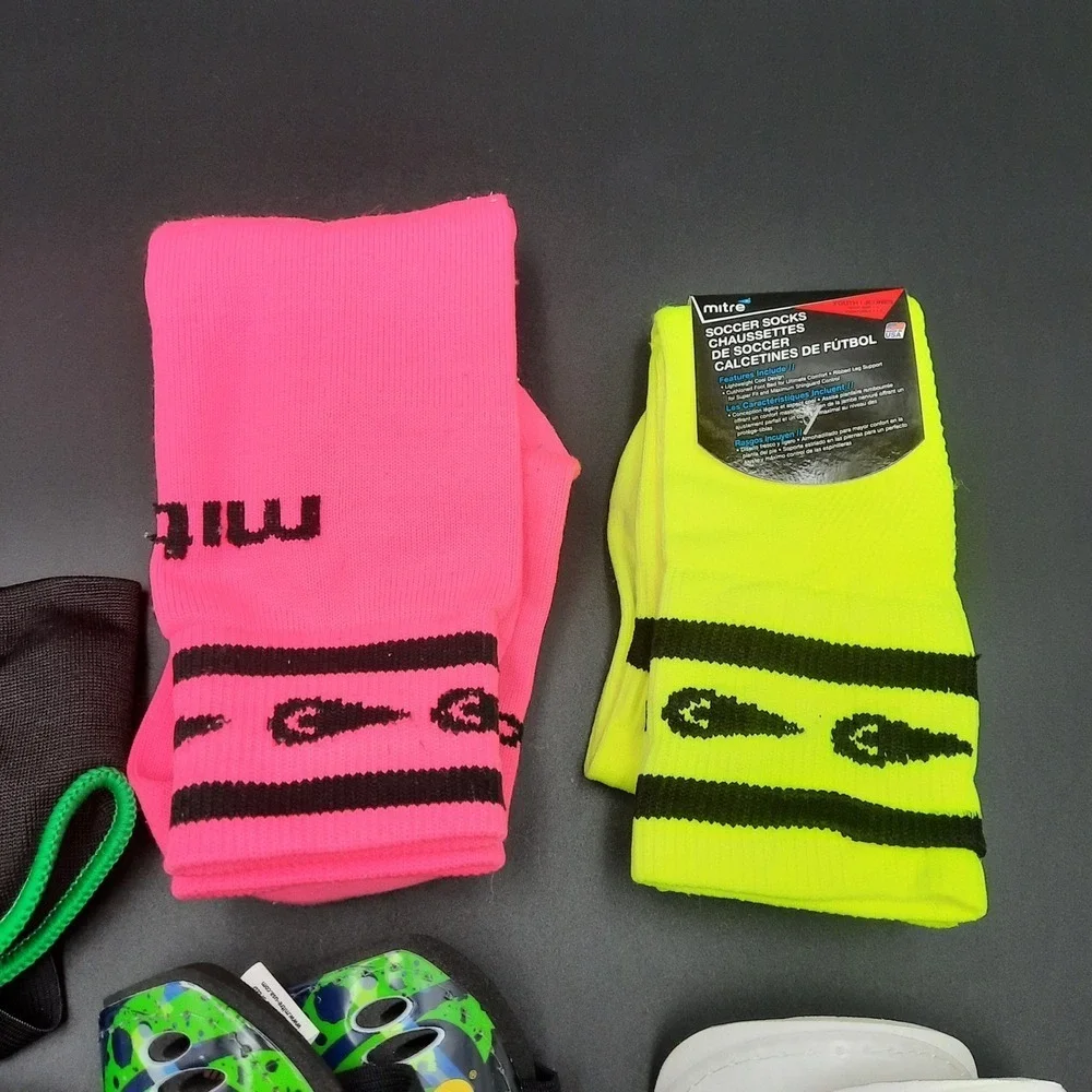 Mitre Junior Soccer Gear Set‎ Socks, Shinguards Supports Neon Colors